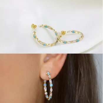 

White cz Blue Turquoises stone paved cz cluster Circle Hoop earring for women Gold geometric jewelry