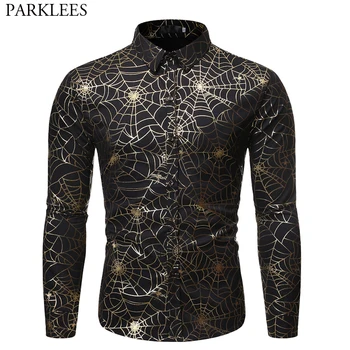 

Mens Nightclub Spider web Bronzing Shirt High Quality Long Sleeve Slim Fit Male Social Shirt Stage Party Prom Chemsie Homme 2019