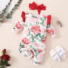 Barboteuse pour bébé fille, jolie grenouillère à imprimé Floral rose pour nouveau né, longues manches, tenues de printemps/automne, 2 pièces, combinaison, bandeau