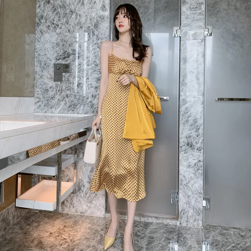 Elegant Casual Two Piece Set for Women 2020 Autumn Winter Contrast Blazer Coat and Yellow Spaghetti Strap Dress Ladies 2 Piece