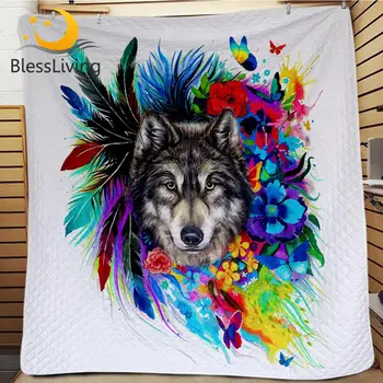 

BlessLiving Floral Wolf Bed Coverlet Cool Wildlife Summer Blanket for Adults Rainbow Bedding Boho Flower Bedspread colcha 1pc
