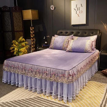 

Korean Lace Embroidery Ice Silk Cooling Summer Bed Skirt Double Bed King Queen Fitted Bed Cover Simple Soild Pillow Covers 3pcs