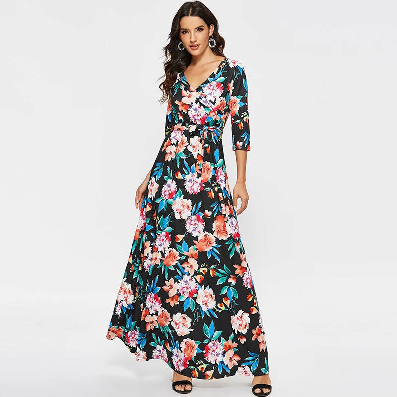 Женское длинное платье макси с цветочным принтом, Boho, свободное, Осеннее, с v-образным вырезом, с рукавом, с принтом, платье для девушек, Бандажное, длинное, Vestidos, платье-туника