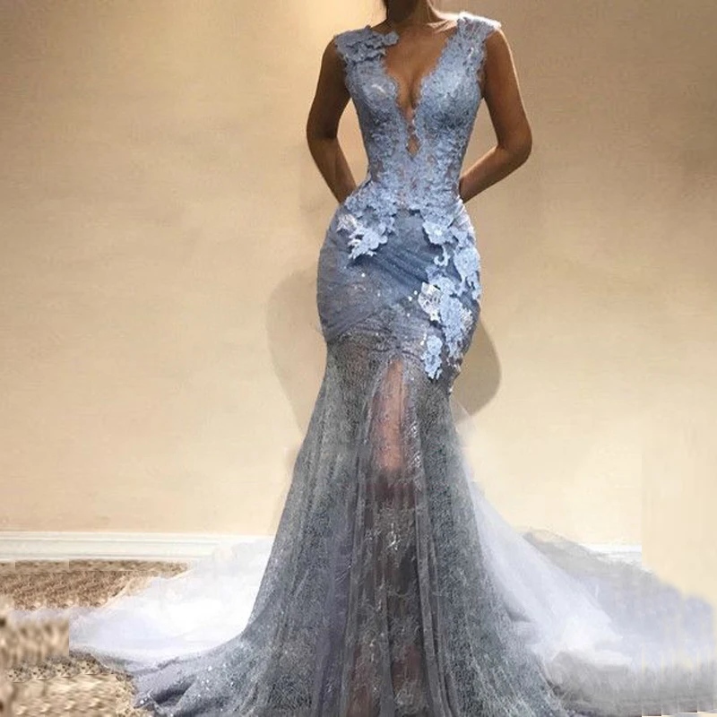 

Chic Sky Blue Lace Applique Mermaid Evening Dresses Party Gowns Sexy Deep V-Neck Sheer Hemline Prom Gown vestidos Formal Dress