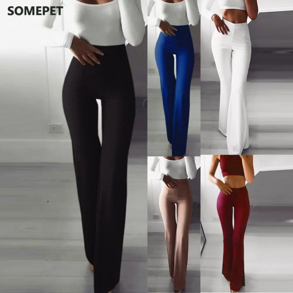 

Summer Autumn Solid Elegant Female Lady Women's Palazzo Flared Wide Legs Pants High Waist Ladies Career Long Trousers