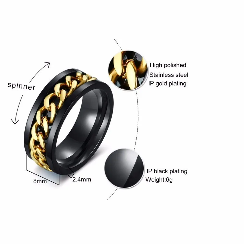 8mm Spinner Ring For Men Stainless Steel Cuba Chain Wedding Men's Anti Stress Jewelry - Image 2