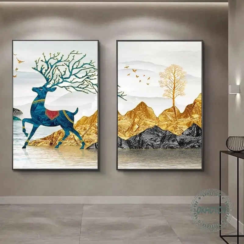 Modern Golden Abstract Deer Tree Bird Wall Art Canvas Painting For Home Decor