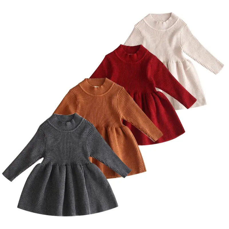 

2023 New Winter Dress Kids Casual Baby Girls Costume Long Sleeve Solid O Neck Knit High Quality Princess Dresses 4 Colors