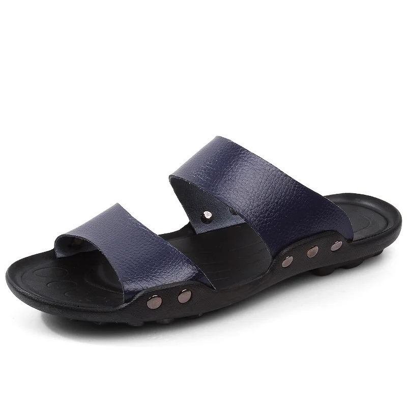 Two wear new leather summer men's leather casual beach light fashion outdoor comfortable sandals and slippers large size - Цвет: blue