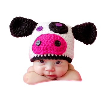

Newborn Baby Infants Cow Hat Crochet Knitted Cap Beanie Photography Prop Handmade Baby Hat Soft Warm Cartoon