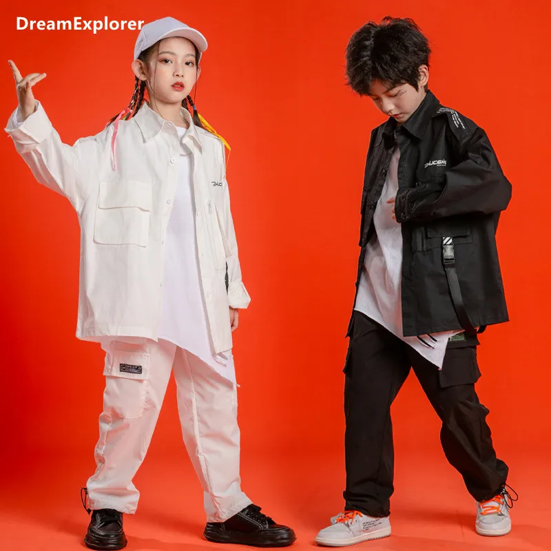 

Boys Street Dance Loose Shirt Cargo Pants Girls Hip Hop Jacket Streetwear Child Sweat Pants Clothes Sets Kids Jazz Stage Costume