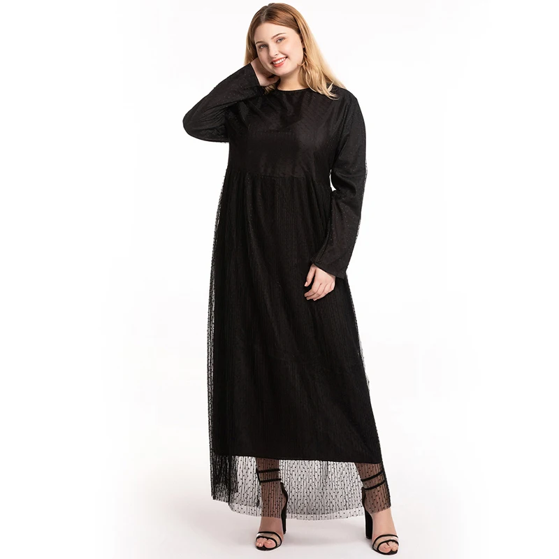 Платье в горошек abaya Дубай мусульманский хиджаб ислам одежда Абая для женщин турецкие платья халат кафтан Tesettur Elbise Ropa - Цвет: Black dress