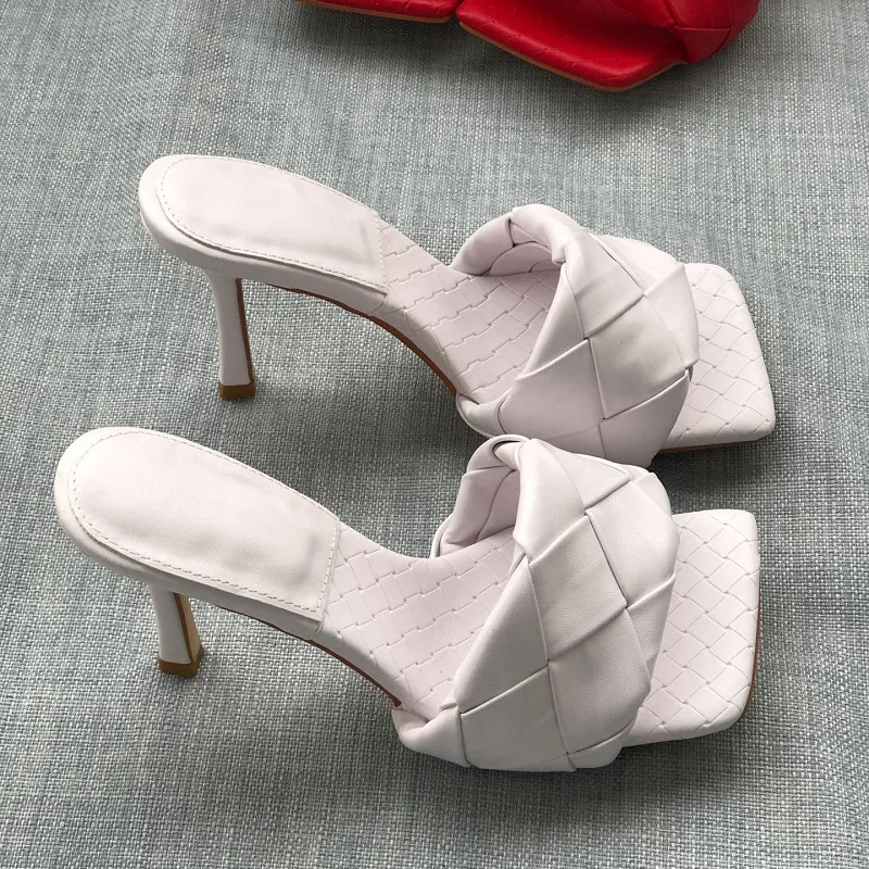 Fashion Square Toe Weave High Heels Shoes Women Slippers Leather Luxury Designer Ladies Street Beach Sandals Slides | Обувь