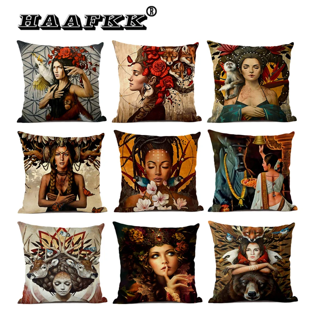 

Artistic Portrait Figure Oil Painting Gold Lining Pattern Printing Vintage Cushion Cover Sofa Chair Decorative Pillowcase 45cm