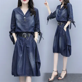 

New 4XL Spring Autumn Women Sets Plus Size Fashion Casual Slim Bread V-Neck Tops And Skirts Jeans Two-Piece For Women Denim Suit