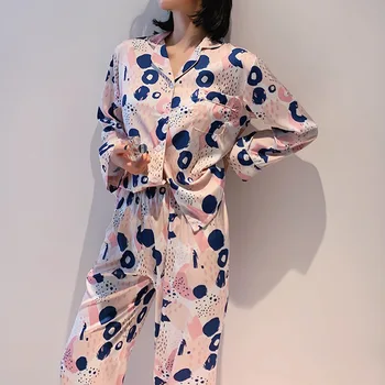 

Pajamas women spring new long-sleeved printed home service suit big-name simulation silk high-end summer thin pajamas silk
