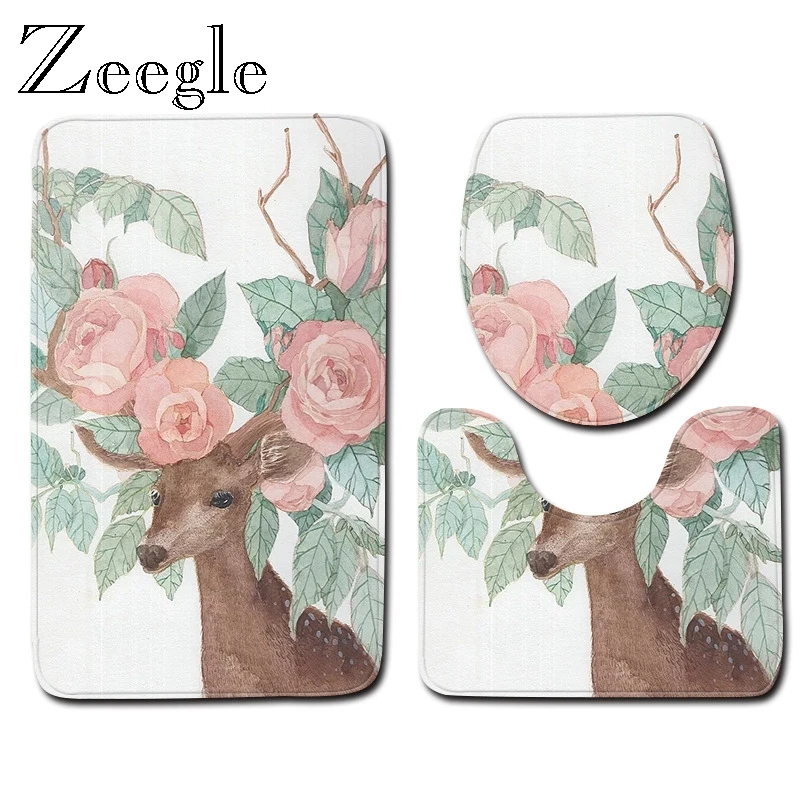 Zeegle Toilet Mat Set Non Slip Bathroom Doormat Toilet Pedestal Rug Flannel Soft Toilet Seat Cover Mat Absorbent 3pcs Toilet Set