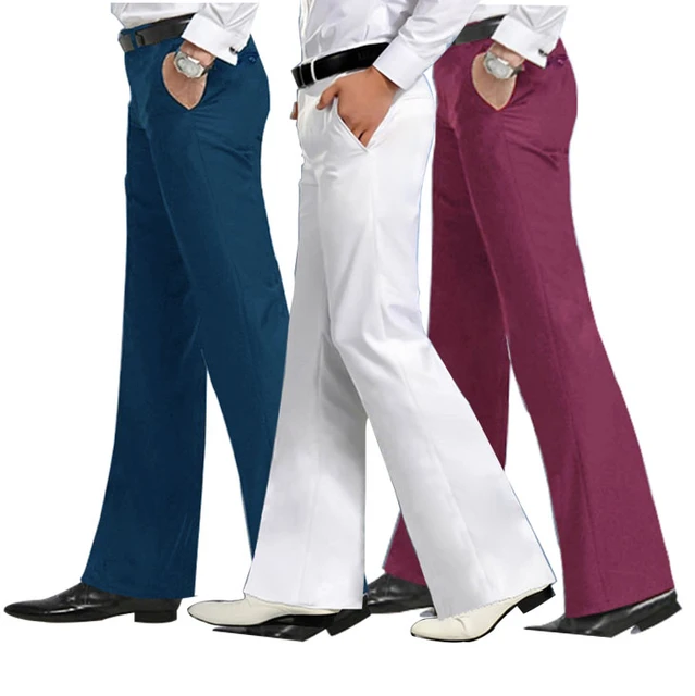 Men Bell Bottom Pants Flared Formal Dress Trousers Slim Office Work Casual  Plain