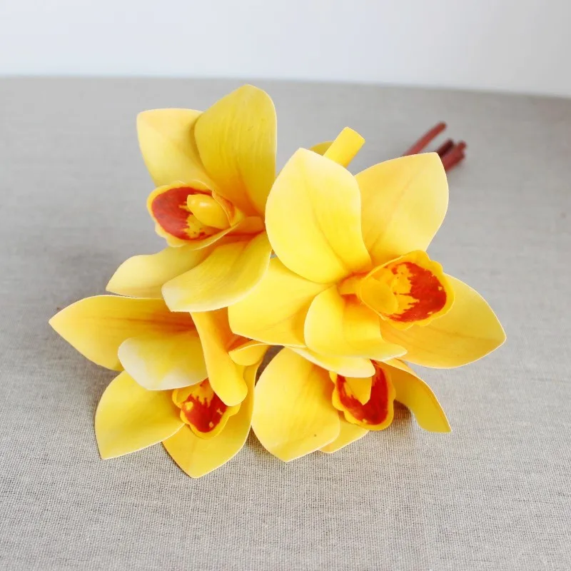 

Поддельные реальный приятная на ощупь 4 головки Цимбидиум букет орхидей Искусственные цветы дома вечерние свадебные украшения Флора