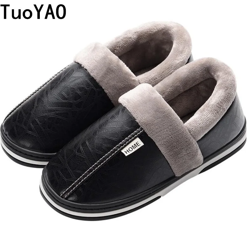 Зимние домашние тапочки мужские кожаные плюшевые мужские туфли водонепроницаемые противогрязные теплые меховые тапочки Нескользящая Хлопковая мужская домашняя обувь