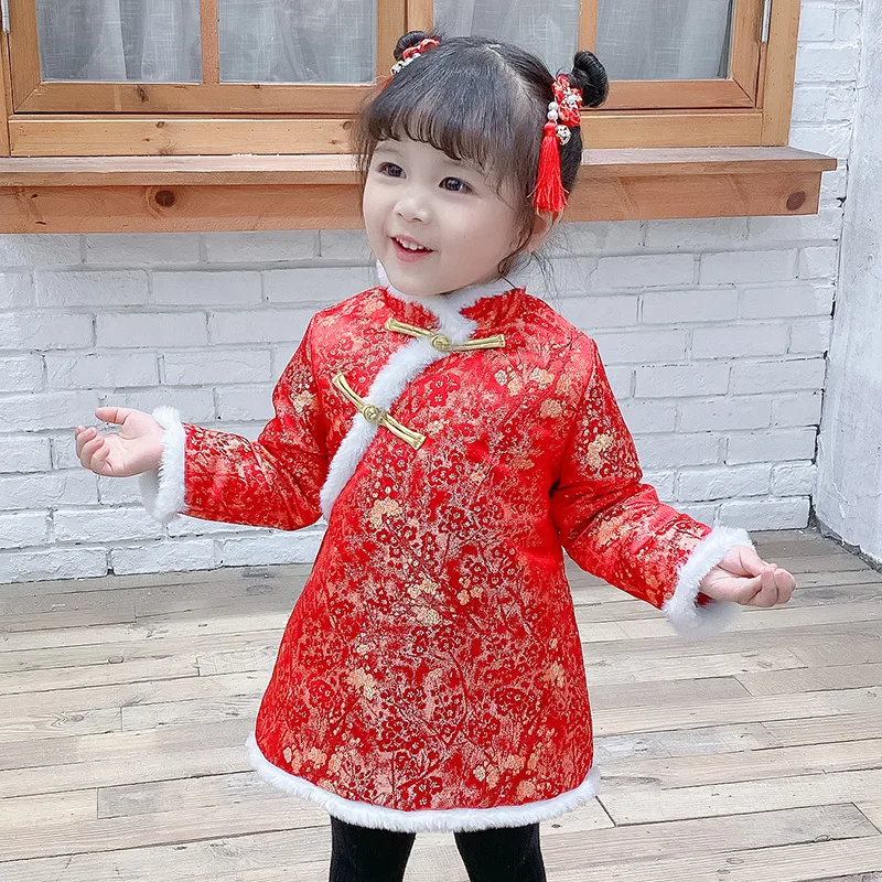 Платье для девочек; Зимние Детские платья для девочек в китайском стиле; милая одежда для малышей; новогодняя Детская одежда с рисунком; Qipao Vestidos