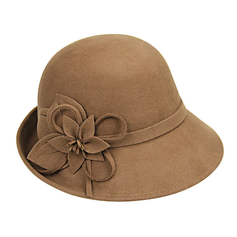 Осень Зима Trilby шляпа Женская фетровая элегантная шерстяная фетровая купол цветочный котелок женские фетровые шляпы с широкими полями M19