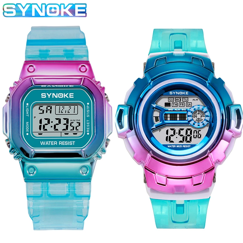 

2Pcs Fashion Girls Watches SYNOKE Gradient Transparent Strap Cool Digital Wrist Watch Waterproof Lady Women Watch reloj mujer