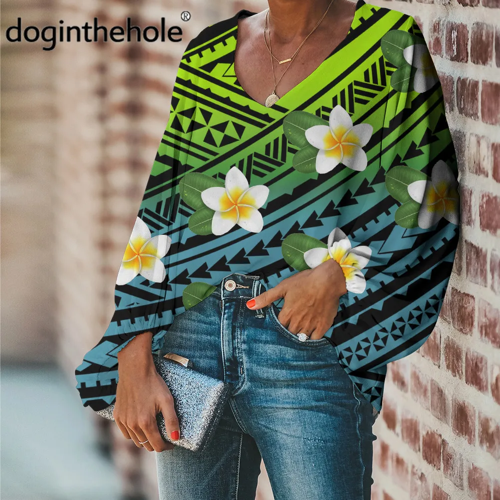 

doginthehole Color Changing Green Tops for Teen Girls Polynesian Tribal Flowers Pattern Chiffon Shirt Women Casual Loose Blouse