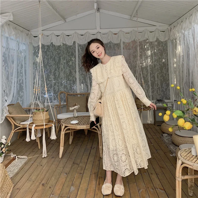 

Photo Shoot Korean-style Autumn And Winter Weep Yafeng Skirt Immortal Lace Peter Pan Collar over-the-Knee Long Dress