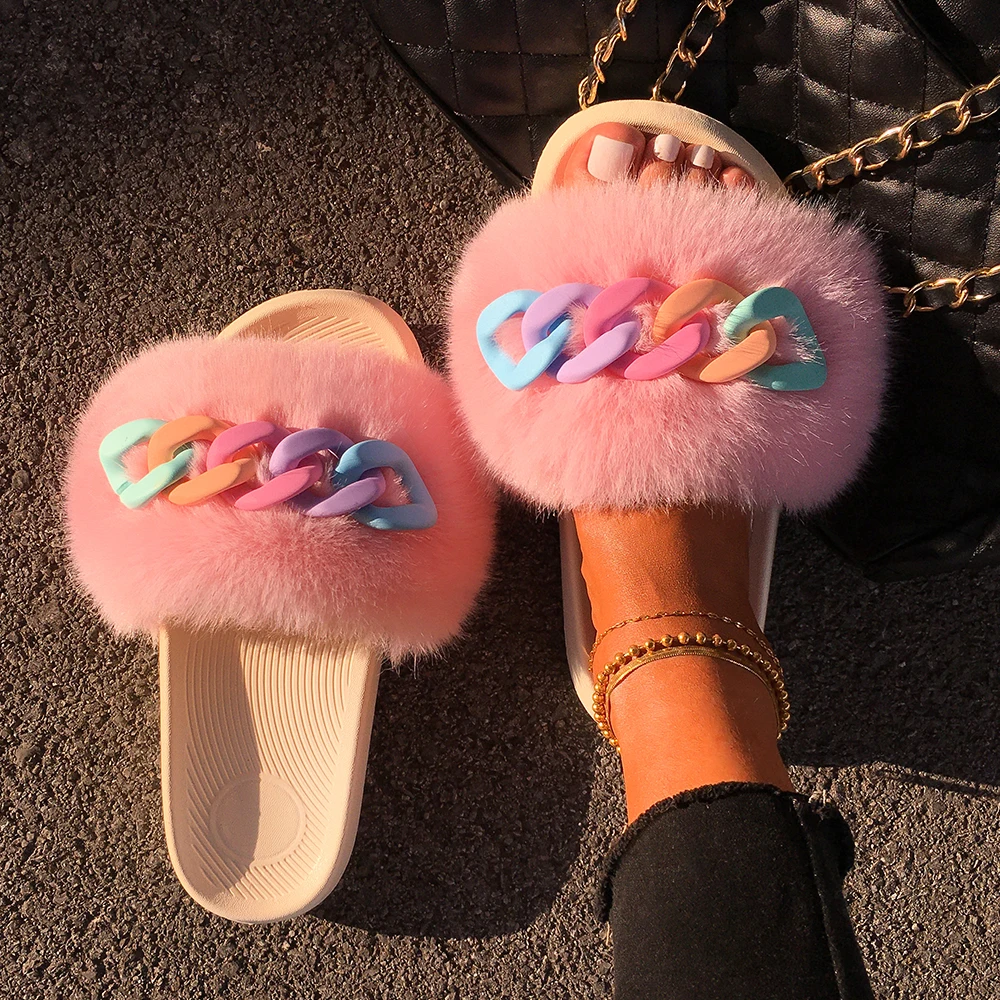 Slippers Women Flip Flops Beach Summer Sandals Candy Color Chain Faux Fur  Slides Plush Indoor Slippers Female Casual Fur Shoes - Women's Slippers -  AliExpress