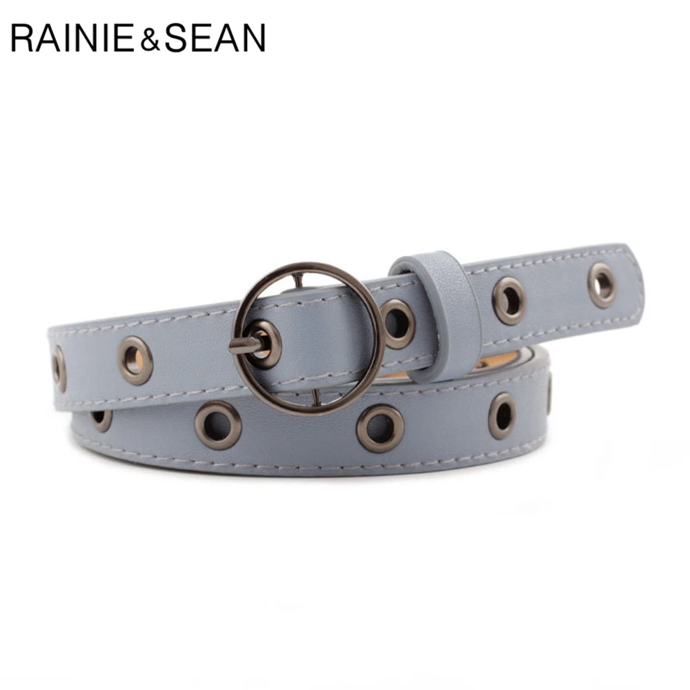 

RAINIE SEAN Vintage Belts for Women Round Buckle Thin Leather Belt Female Hollow Out Blue White Holes Ladies Belts for Jeans