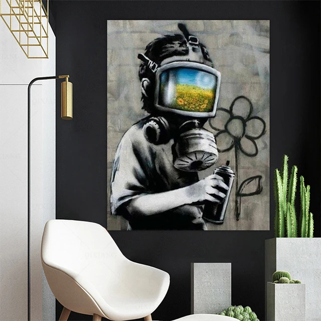 BANKSY – peinture sur toile, avec masque de champ de tournesol