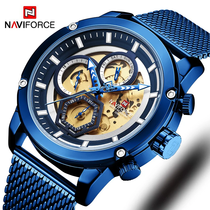 

New Naviforce Men Watch Blue Skeleton Dial Luminous Mens Wrist Watches Luxury Design Quartz Watch Men Luxury Watches Waterproof