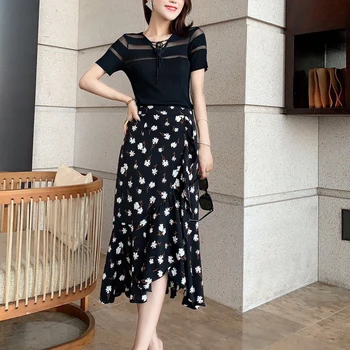 

Runway Black Knitted Short Sleeve Stitching Tulle Stretch Top Bohemian Retro Print Slim Temperament Half Skirt Two-Piece Suit