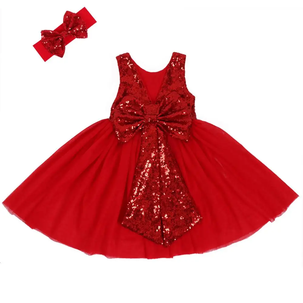 Цветочное платье с блестками для девочек; платье принцессы с бантом; детское платье с v-образным вырезом; Серебряное платье-пачка для свадебной вечеринки для малышей - Цвет: Red 02