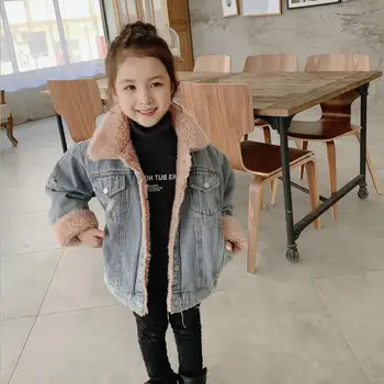 

Hot selling girls Plus velvet denim jackets 2019 winter new warm lambswool jackets kids clothes children outerwear tops ws1154