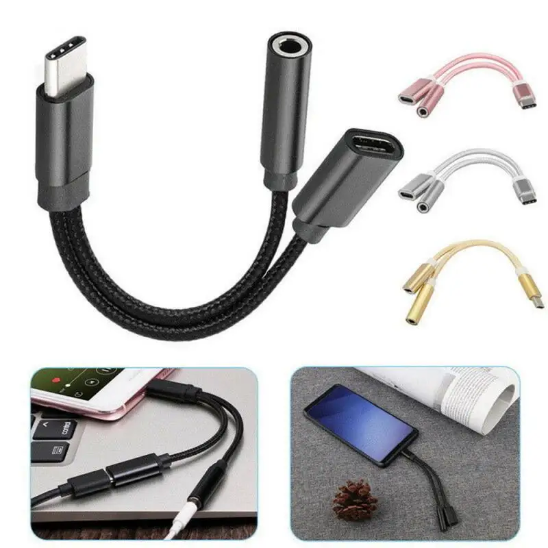 2In1 USB C Type C To 3.5mm Type C Splitter Headphone Cable Audio Aux Cable Charging Earphone Adapter For Huawei Xiaomi Samsung