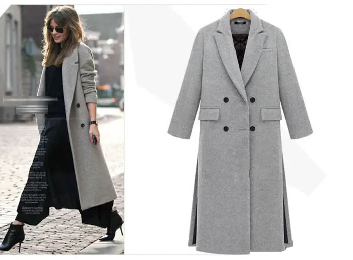 British New Spring / Winter Women Simple Grey White Woolen Cashmere Long Coat Maxi Female Overcoat Casacos Manteau Femme