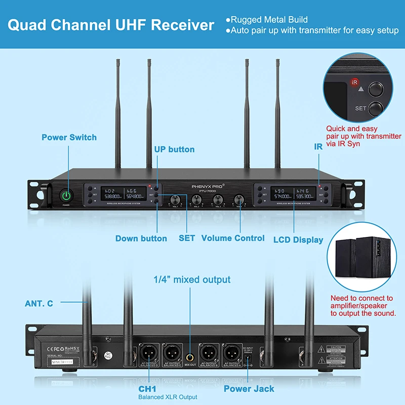 Phenyx Pro 4 Channels Handheld Ｗireless Ｍicrophone Professional  Auto Scan Selectable Frequency Metal 328FT for Singing Court