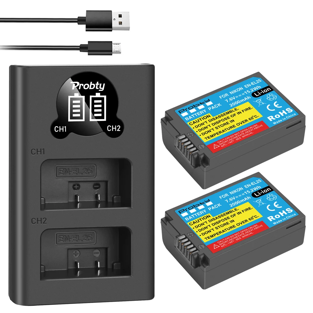 2Pcs 2000mAh EN EL25 Battery For Nikon Z50 ZFC MH 32 with LED dual