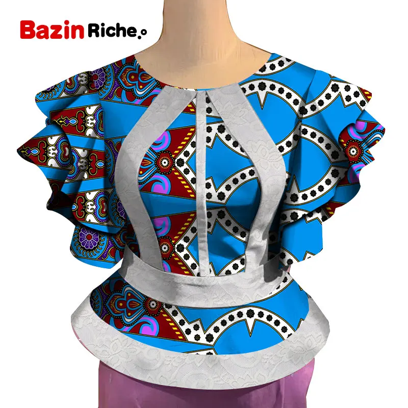 Африканская одежда для женщин с оборками и рукавами с высокой талией Анкара принт плюс размер Леди Мода Топ Африканский Дашики печати Блузка WY5090