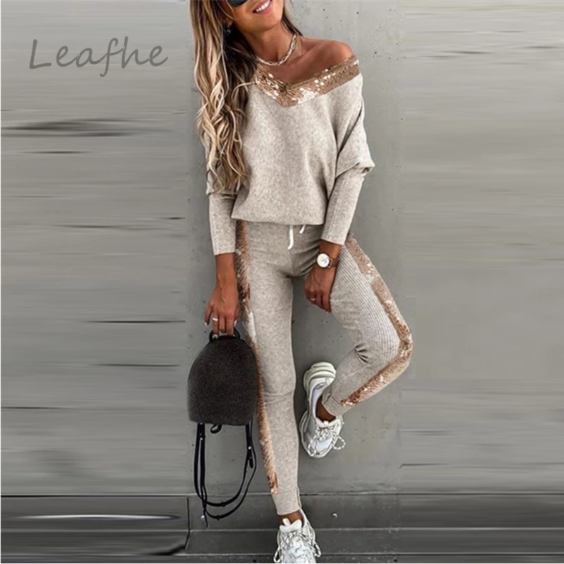 

Sexy Off Shoulder Ribbed Tracksuit Two Piece Set Casual Women Print Tops and Jogger Long Pants Outfits Autumn Slim Sweatpant Set