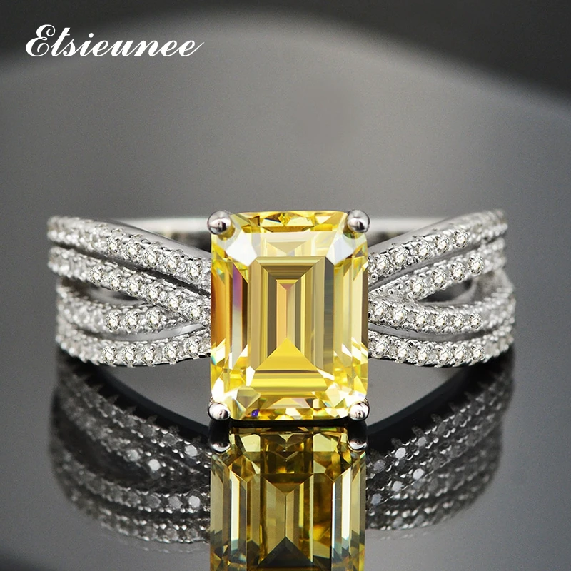 

100% Real 925 Sterling Silver 7x9mm Emerald Cut Citrine Gemstone Diamond Ring Wedding Engagement Rings For Women Drop Shipping