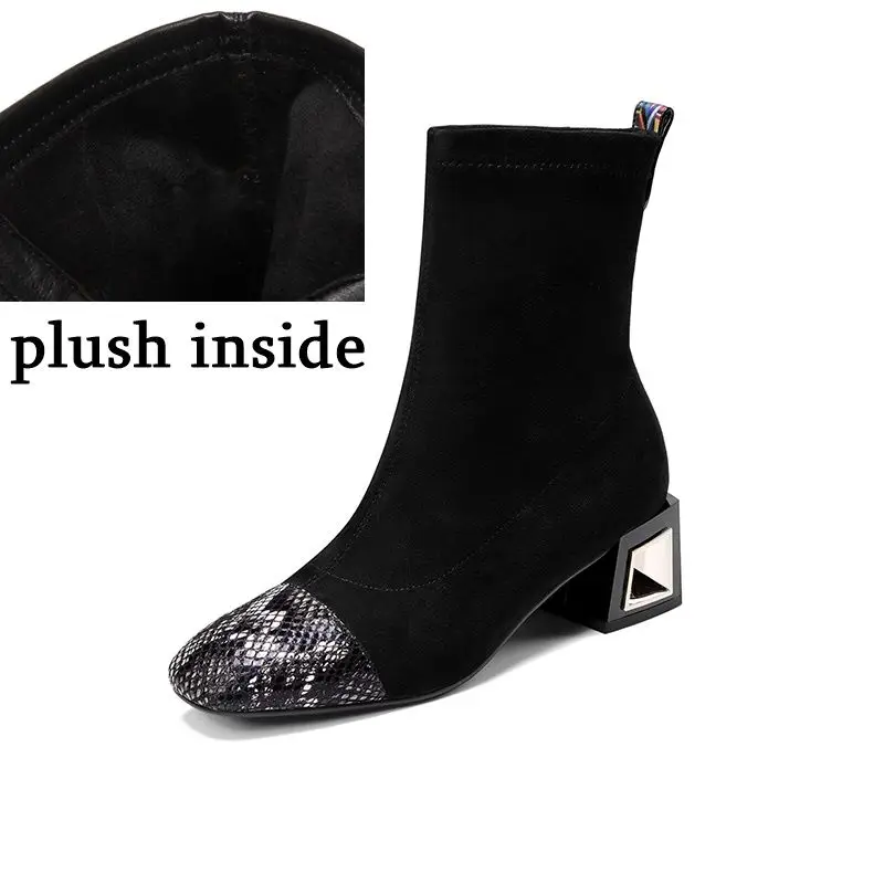 plush inside ALLBITEFO/горячая распродажа; классические женские ботинки из натуральной кожи и эластичного флока; однотонные ботильоны; сезон осень-зима; модные ботинки для девочек - Цвет: plush inside