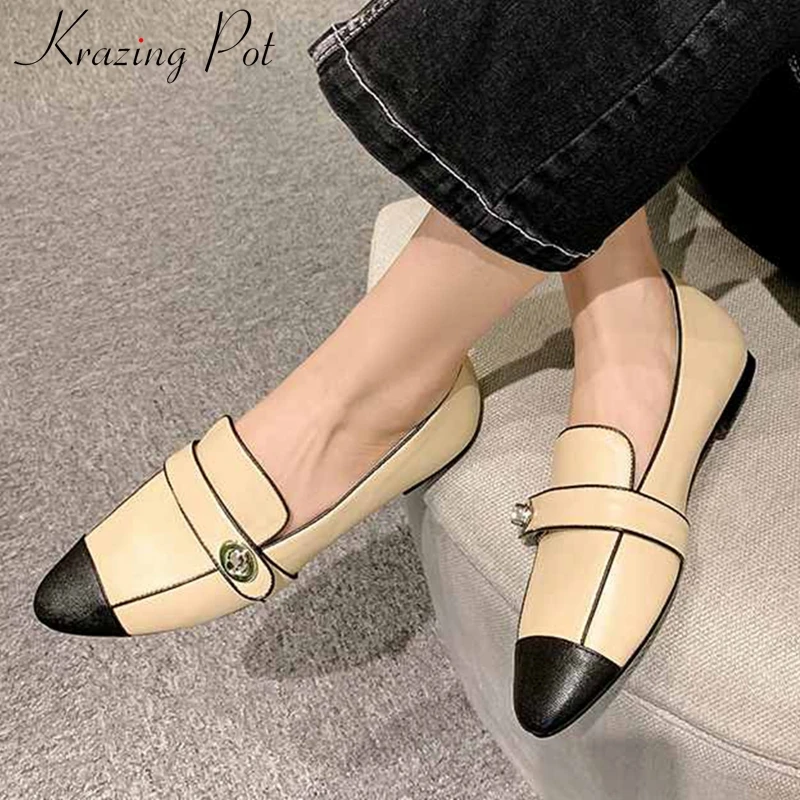 

Krazing pot soft genuine leather elegant British style shoes round toe low heels women loafers slip on leisure cozy pumps L59