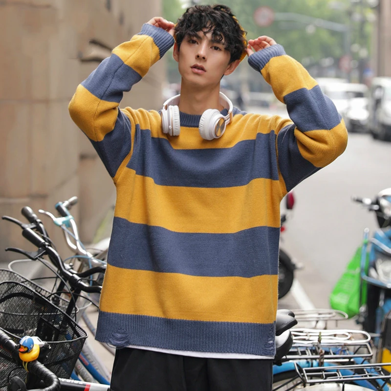 Mens Sweater Striped Pullovers Casual Male Sweater Streetwear Autumn Spring Sweater Men Hole Hot Soft Warm Tops Winter Sweater