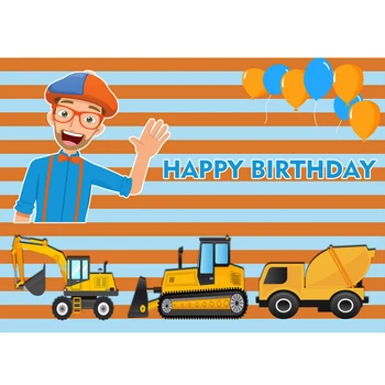 

Excavator Birthday Party Photography Background Orange blue Stripes Balloon Customized Photographic Backdrop For Photo studio