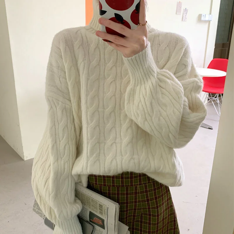

Women's Sweater Winter Warm Turtlenecks Casual Loose Oversized Korean Fashion Sweaters Knitted Pullover Puff Sleeve Top