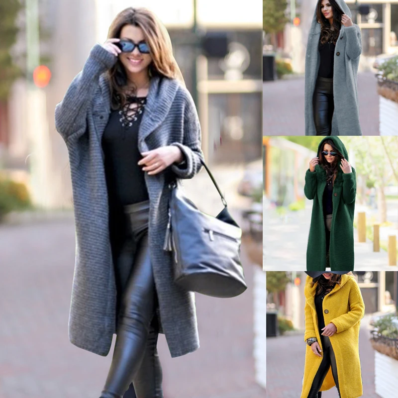 Meilleur Femmes Cardigans hiver décontracté solide en vrac tricoté point ouvert chandail Long mode à capuche bouton femme Streetwear Cardigans