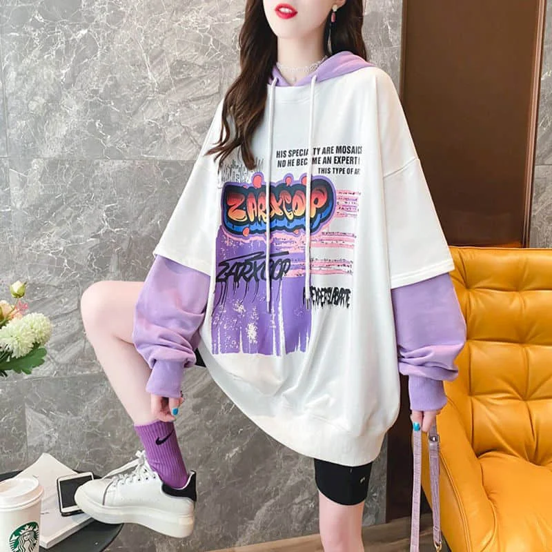 

Korean version of loose fake two-piece sweatshirt women hooded 2020 autumn new mid-length student all-match jacket jacket trend